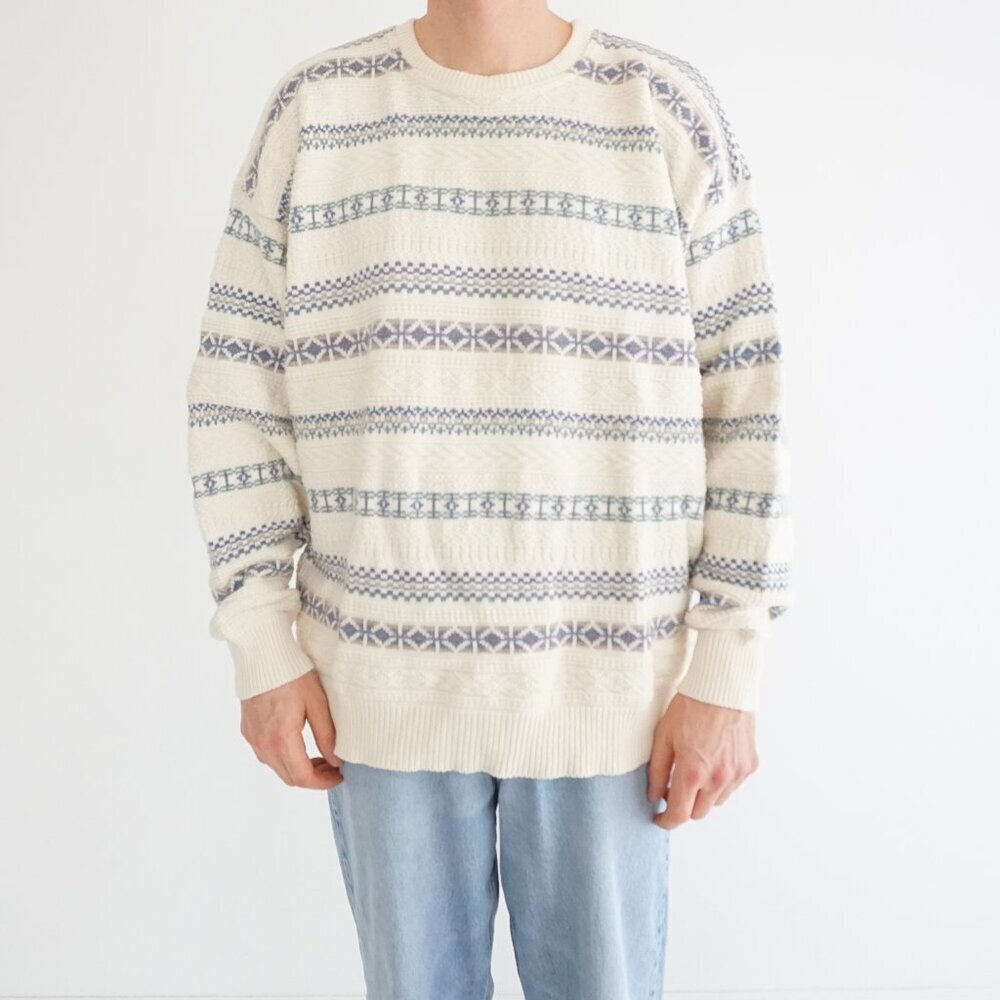 IT&CO Cream Blue Nordic Geometric Fair Isle 100% Cotton Knit Crewneck Sweater XL